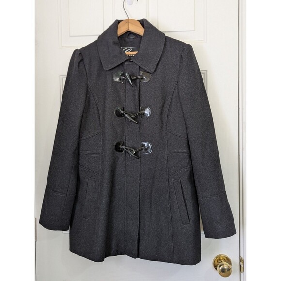 GUESS Wool Blend Pea Coat Womens Large Charcoal Black Full Zip Toggle Buttons - Picture 1 of 14